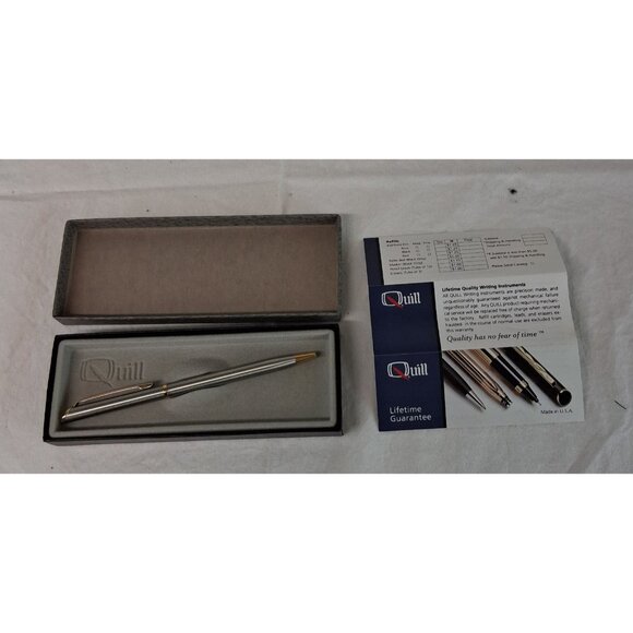 Quill Ballpoint Ink Pen Blue Ink Color:  Silver w Gold Trim Tested NEW open box - Picture 1 of 10